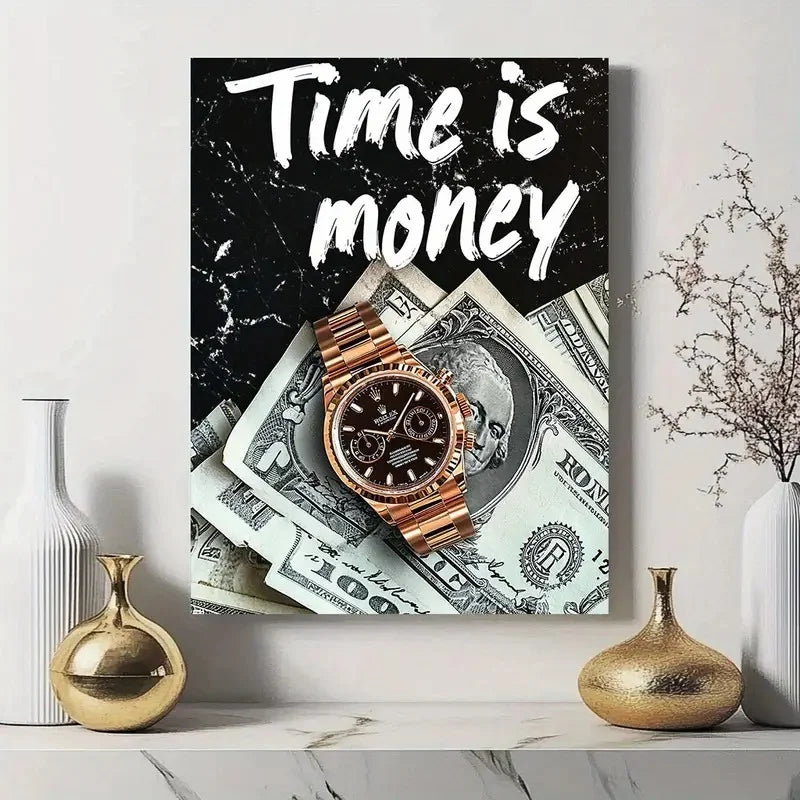 Luxury “Time is Money” Wooden Wall Frame – 8x11 Inch Sticky Tile Décor with Double Tape