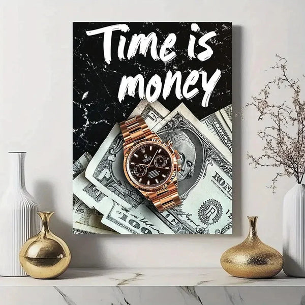 Luxury “Time is Money” Wooden Wall Frame – 8x11 Inch Sticky Tile Décor with Double Tape