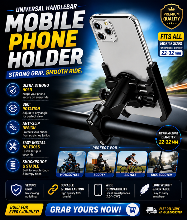 Bike Mobile Holder Stand | 360° Rotation | Anti-Slip Grip | Universal Motorcycle Mount
