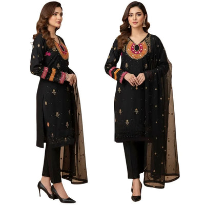 Organza 3-Piece Suit for Women | Unstitched  Handmade Aari Zari & Beads Work