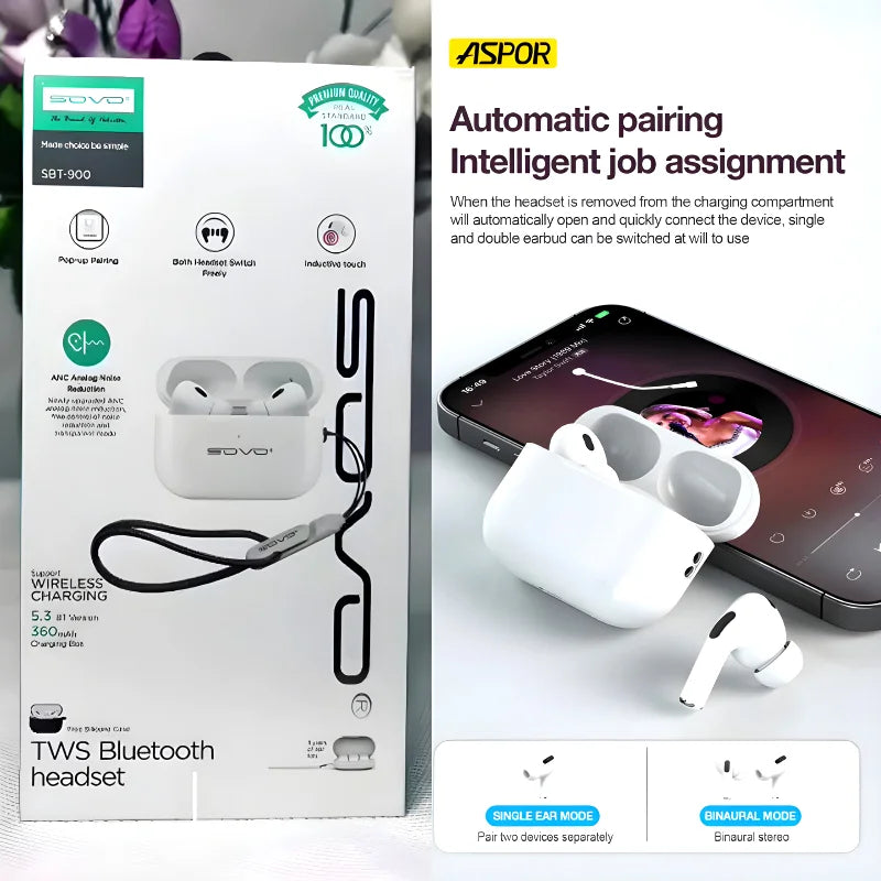 SBT-900 SOVO PRO 2 TWS Bluetooth Earbuds | Analog Noise Cancelling, Wireless Earphones