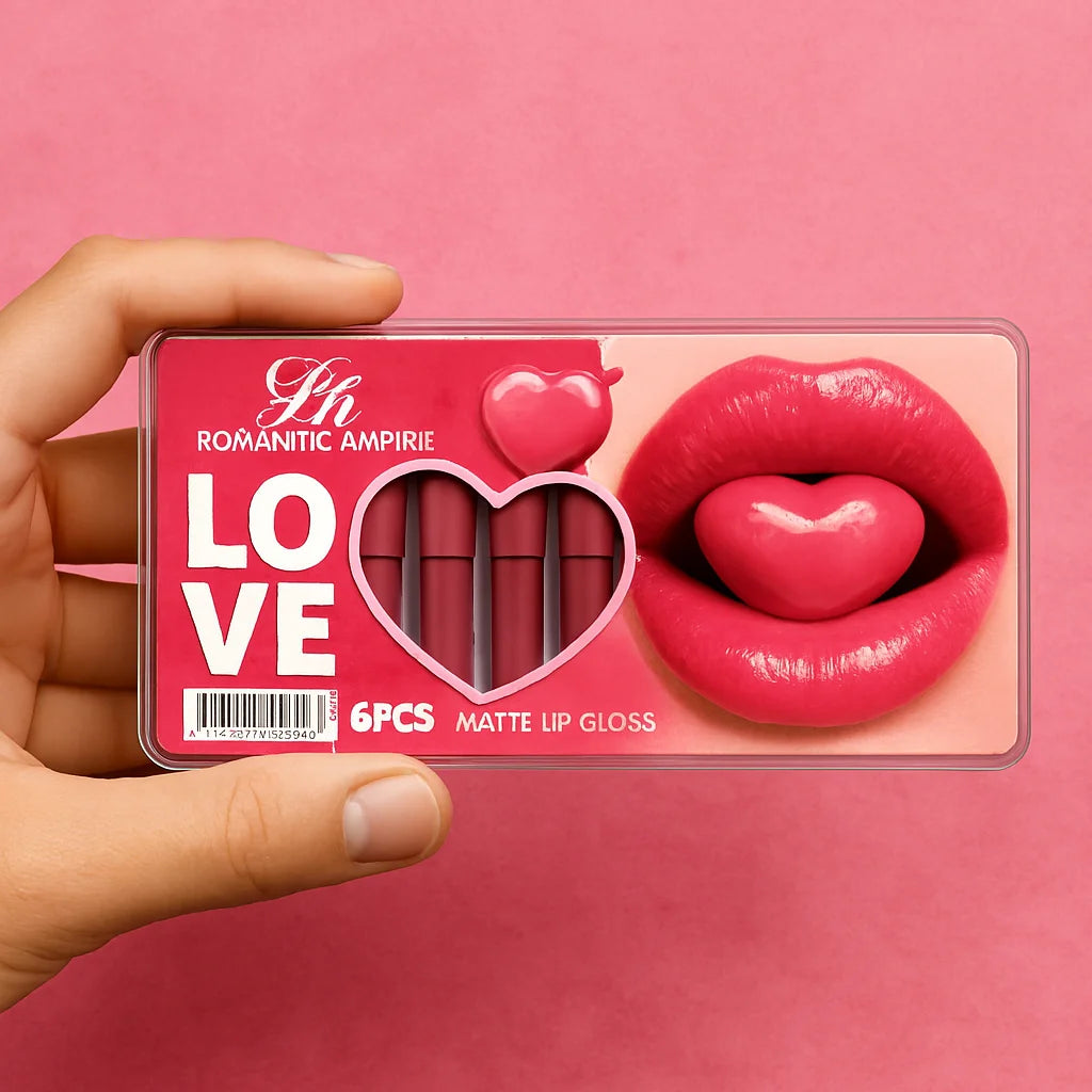 GR Romantic Love Matte Lip Gloss Set – 6 Pcs Rich Red & Maroon Shades, Smooth Velvety Finish, Long-Lasting Color, Comfortable & Elegant Everyday Wear