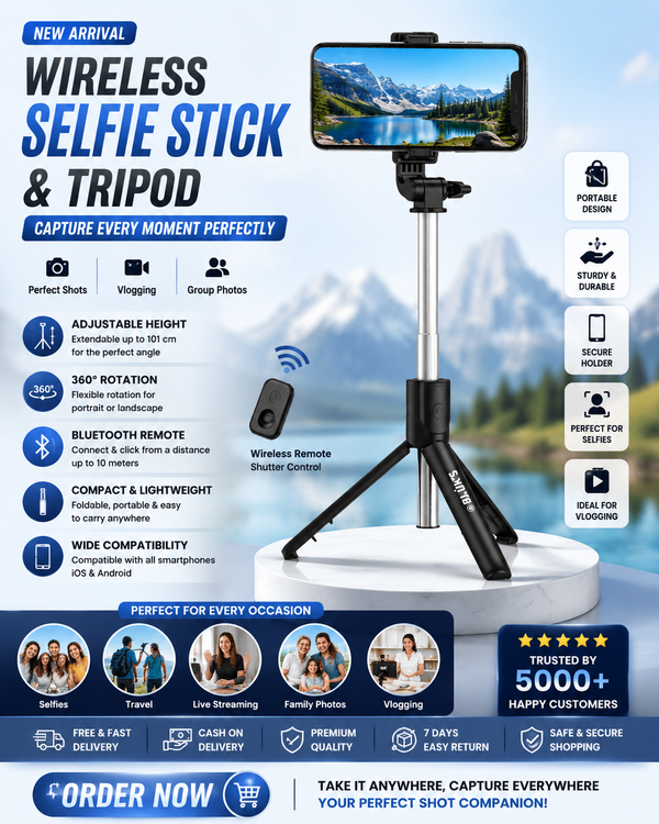 Selfie Stick with Tripod Stand | Bluetooth Remote | Adjustable & Foldable Design