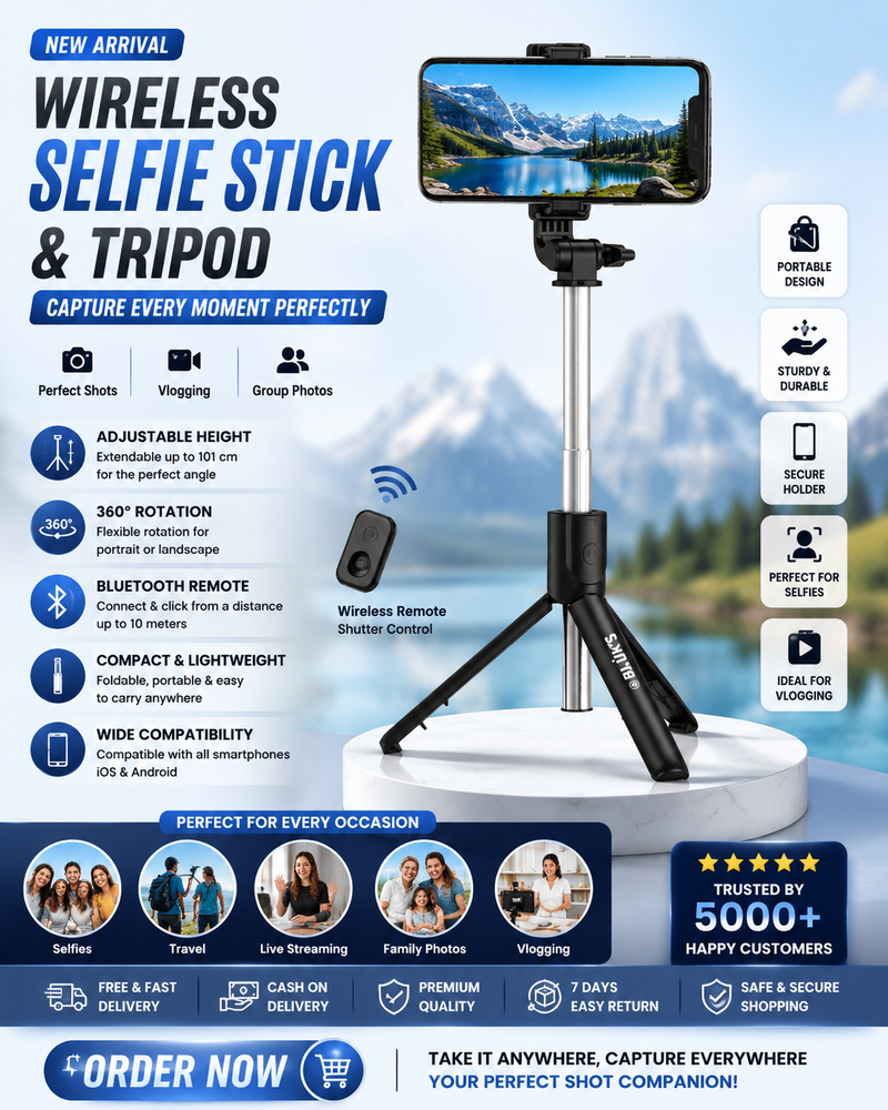 Selfie Stick with Tripod Stand | Bluetooth Remote | Adjustable & Foldable Design