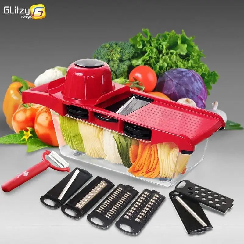 Slicer Vegetable Cutter Grater Chopper 6 Interchangeable Blades + Hand Protector - Chaudhary Brand Store 