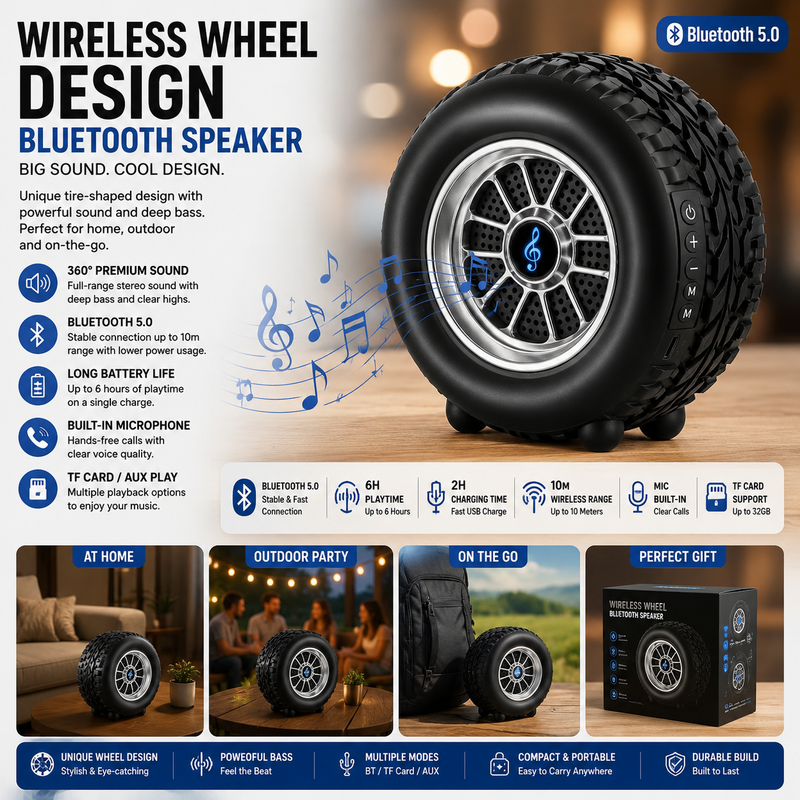 RGB Tyre Shape Wireless Bluetooth Speaker with LED Light & HD Sound