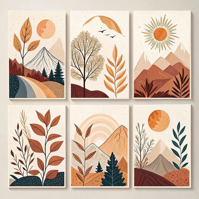 6-Piece Hills Moon Sun Leaves Wooden Wall Art – 8x11” Stickytile Frame Set