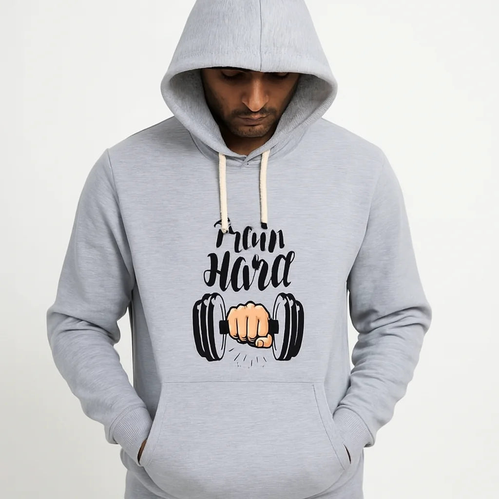 Train Hard Grey Hoodie for Men & Boys – Premium Summer Collection, Lightweight & Stylish Casual Wear