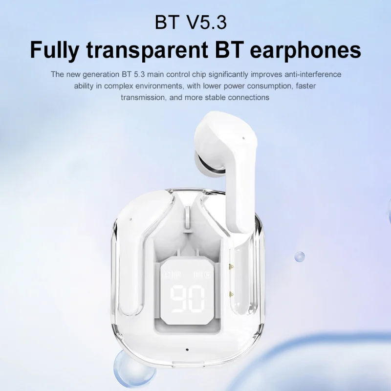 Bluetooth Compatible 5.3 Transparent Wireless Earbuds | LED Power Digital Display, Stereo Sound