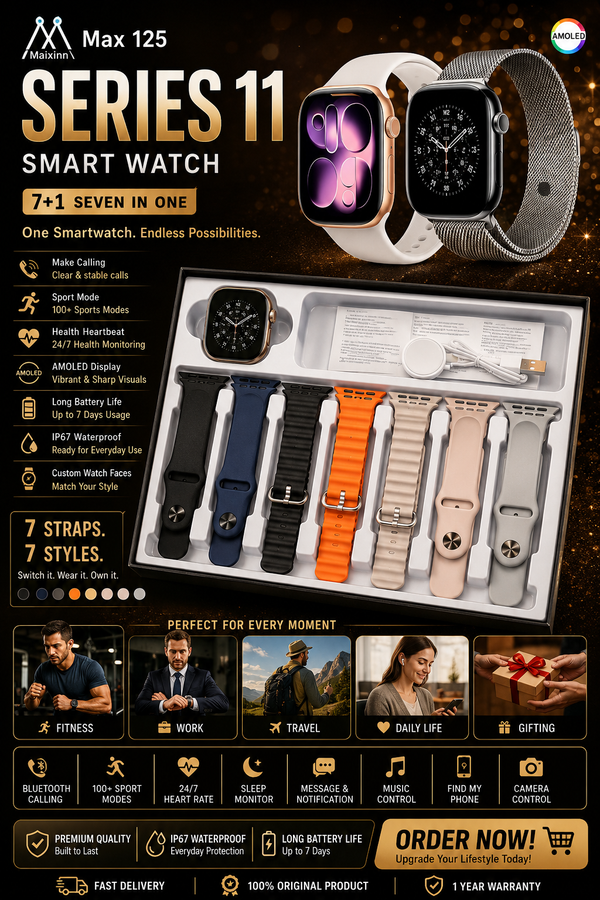 7 in 1 Ultra Smart Watch Series 11 – Bluetooth Calling, Fitness Tracker & Wireless Earbuds