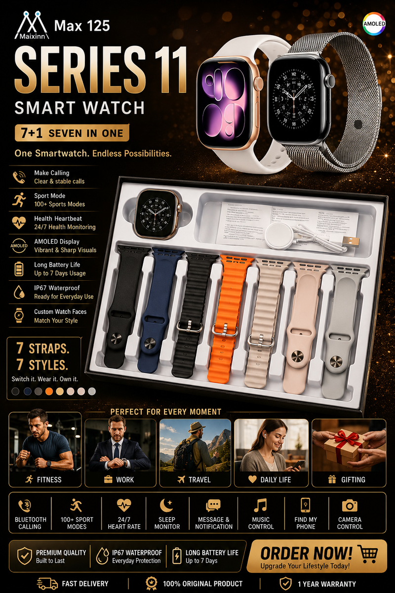 7 in 1 Ultra Smart Watch Series 11 – Bluetooth Calling, Fitness Tracker & Wireless Earbuds