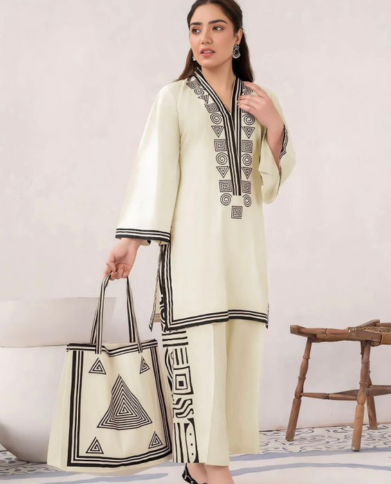 2 Pcs Linen Print Dress & Bag (shirt, Trouser And Bag) For Girls & Women - CHAUDHARY BRAND STORE