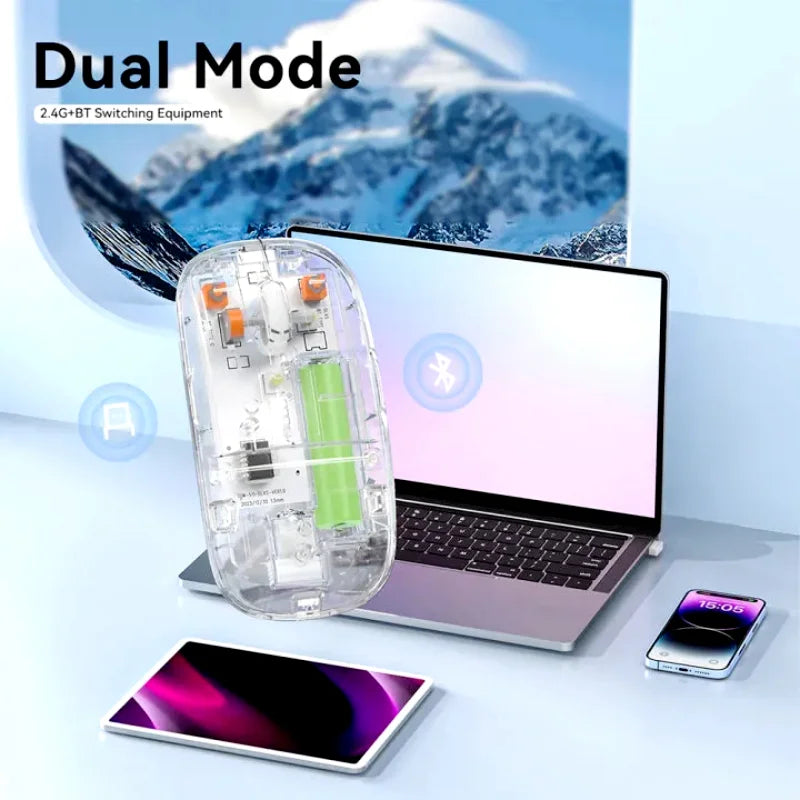 Transparent Dual-Mode Wireless Mouse | Bluetooth 5.2 & USB | Rechargeable Silent Click