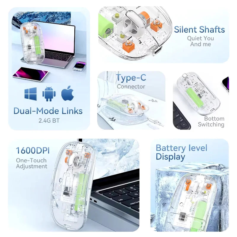 Transparent Dual-Mode Wireless Mouse | Bluetooth 5.2 & USB | Rechargeable Silent Click