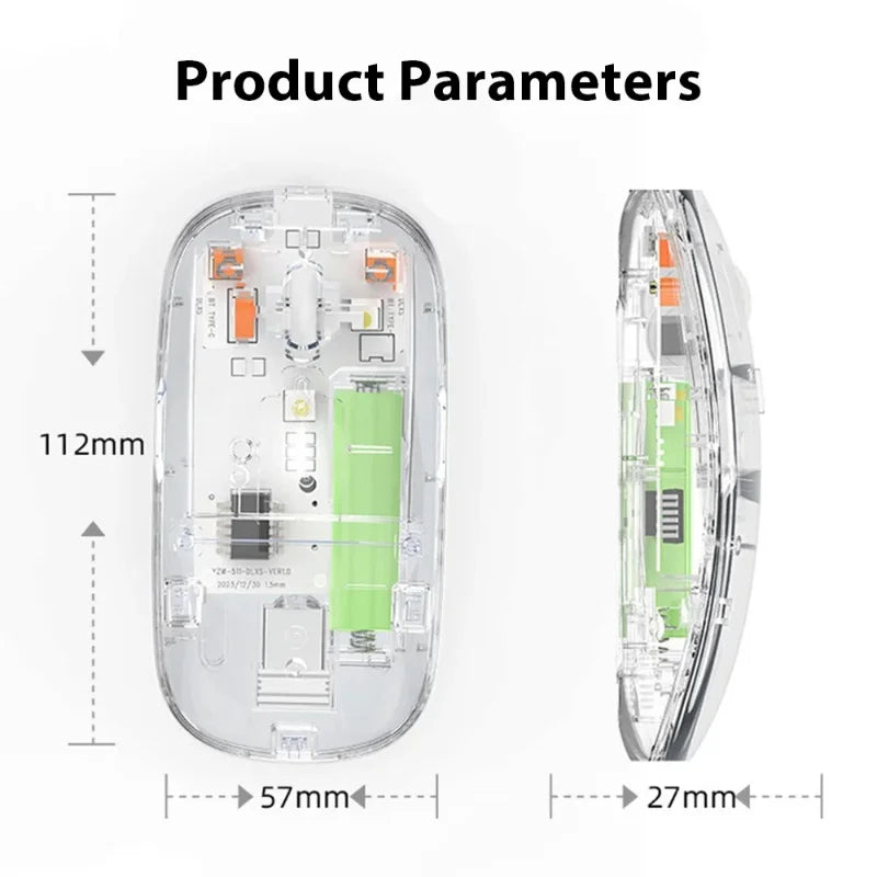 Transparent Dual-Mode Wireless Mouse | Bluetooth 5.2 & USB | Rechargeable Silent Click