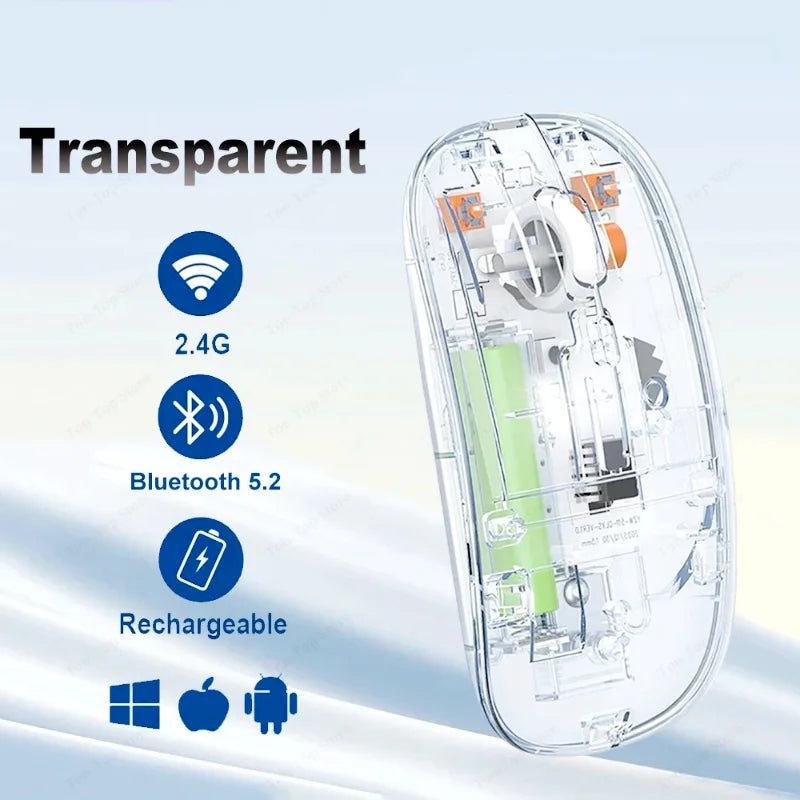 Transparent Dual-Mode Wireless Mouse | Bluetooth 5.2 & USB | Rechargeable Silent Click
