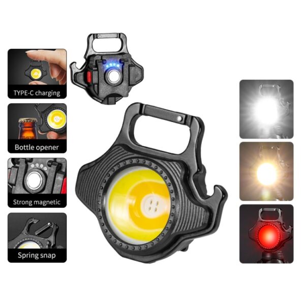 Cob Rechargeable Keychain Light With Built-in Battery, Type-c Charging, Bottle Opener, Battery Indicator, Magnet & 6 Lighting Modes