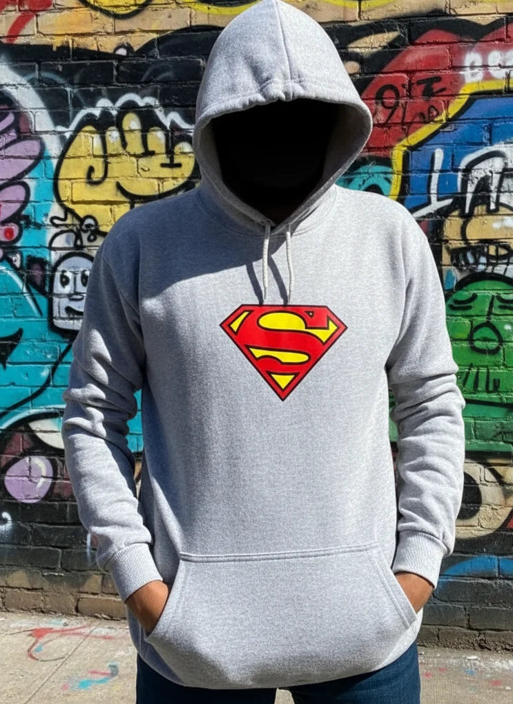 New Summer Collection Full Grey Hoodie – SUPER MAN Printed for Girls & Boys (Extra Large)