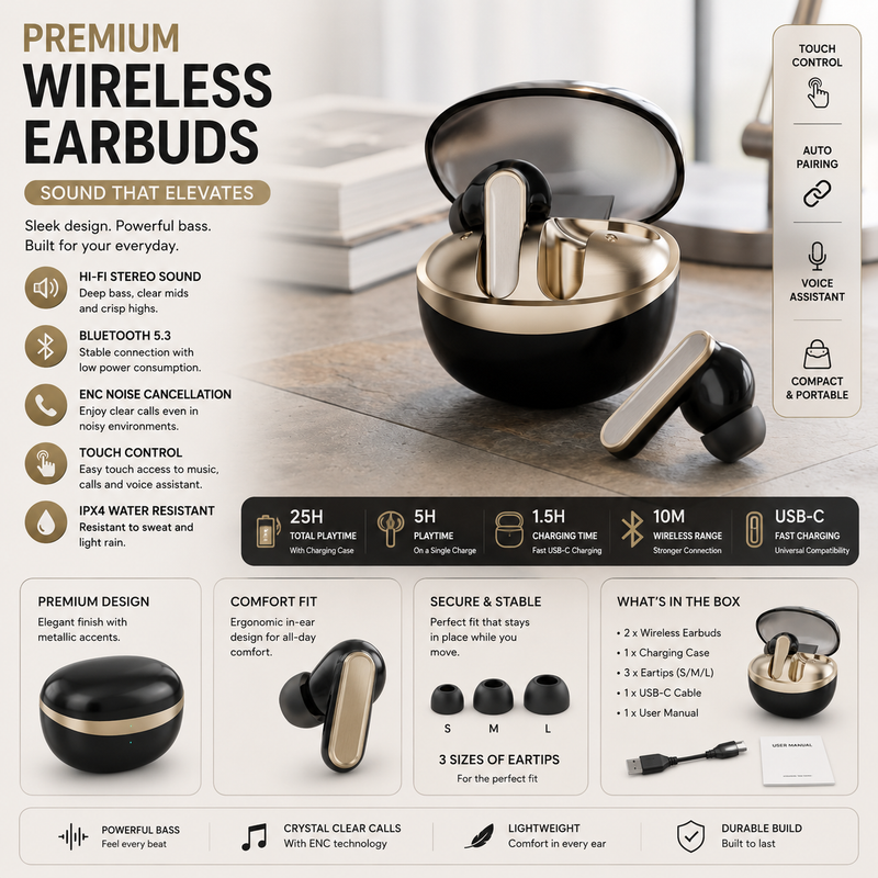 Powerlink Sonic TWS Wireless Earbuds with ANC ENC & Wireless Charging