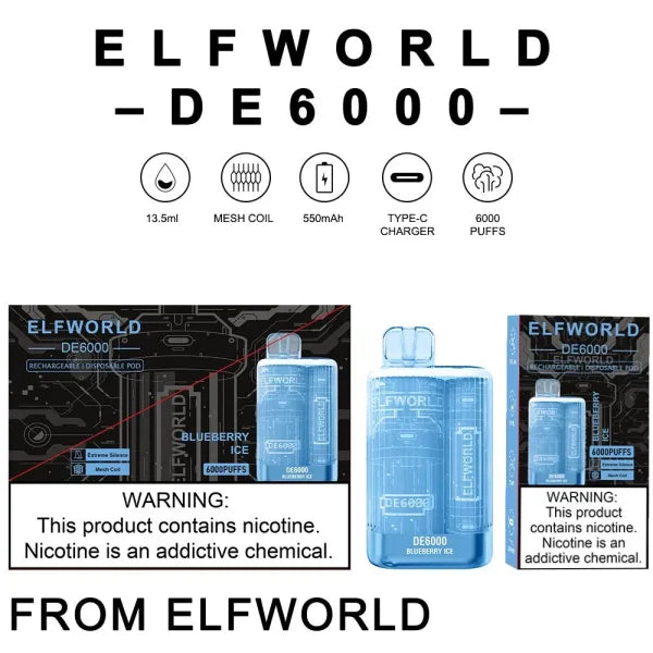 Elfworld DE6000 Disposable Vape Pod – 6000 Puffs, 13.5ml, 5% Nicotine - CHAUDHARY BRAND STORE