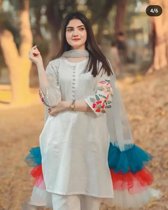 Embroidered Sleeves Kurti With Frill Dupatta & Trouser (3 Piece Suit) Embroidered Dresses For Women