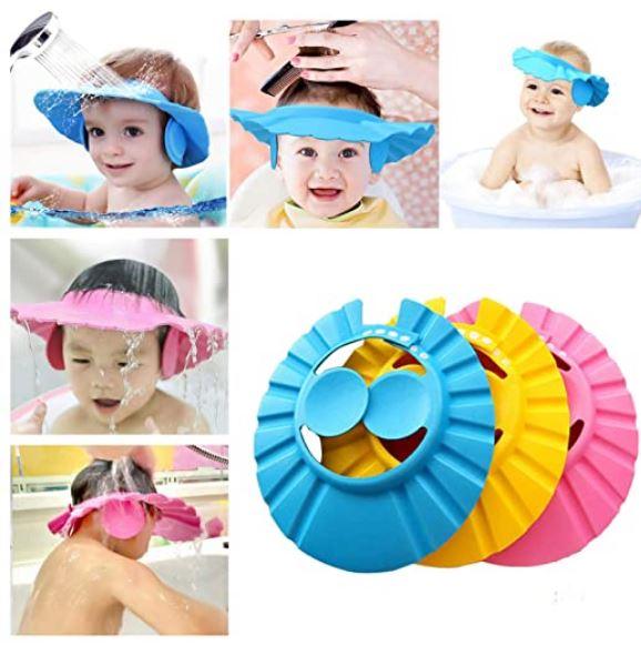 Adjustable Baby Shower Cap – Kids Water Shower Cap With Earpiece Covering And Shopper Packing (mix/random Color) (Pack Of 3)