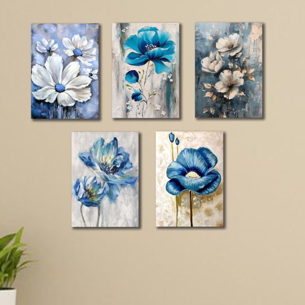 Set Of 5 Blue Flowers Wall Art Wooden Frames For Home Decoration / Sticky Photo Tiles - CHAUDHARY BRAND STORE