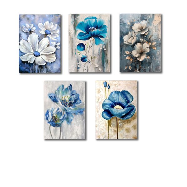 Set Of 5 Blue Flowers Wall Art Wooden Frames For Home Decoration / Sticky Photo Tiles - CHAUDHARY BRAND STORE