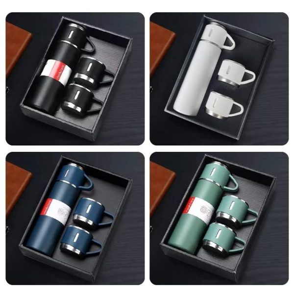 Stainless Steel Vacuum Flask Set – 500ml With 3 Cups (gift Box ) (random Color) - CHAUDHARY BRAND STORE