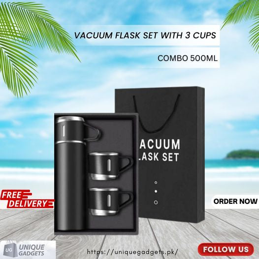 Stainless Steel Vacuum Flask Set – 500ml With 3 Cups (gift Box ) (random Color)