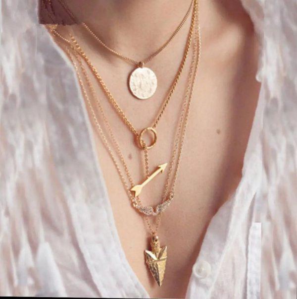 Stylish Golden Colored Ladies Necklace With 3 Layered Chains And 3 Different Pendants - CHAUDHARY BRAND STORE