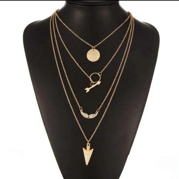 Stylish Golden Colored Ladies Necklace With 3 Layered Chains And 3 Different Pendants - CHAUDHARY BRAND STORE