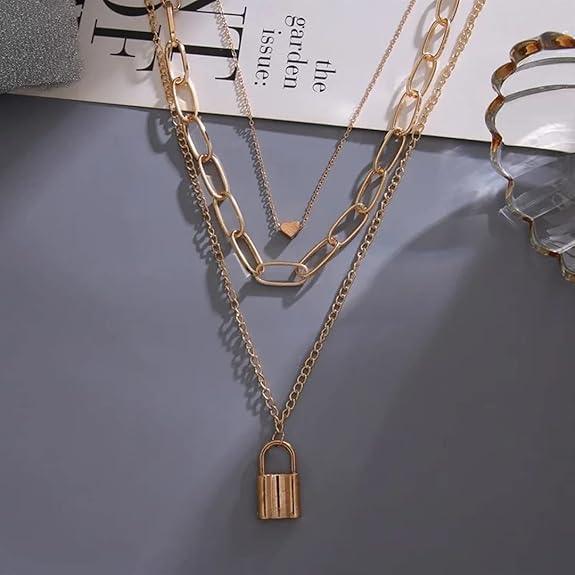 Stylish Necklaces Multi Layer Lover Lock Necklace For Girls, Women, (golden)