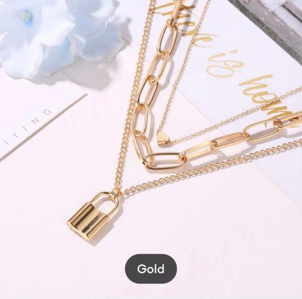 Stylish Necklaces Multi Layer Lover Lock Necklace For Girls, Women, (golden)