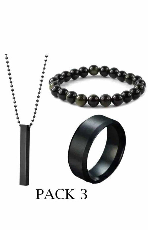 Pack Of 3 Vertical Bar Boy’s Pendant, Ring And Bracelet Set, Color Black - CHAUDHARY BRAND STORE